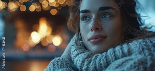 in home in the winter beautiful woman looking into fireplace