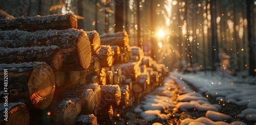 logs stacked with the sun shinning behind them in the forest