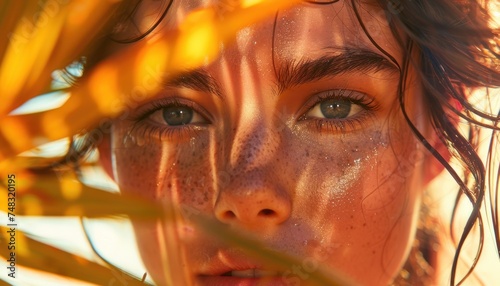 her face moisturized in front of a palm tree