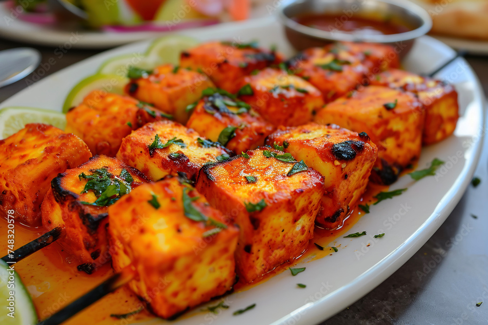 A plate of paneer tikka, a vegetarian dish made from chunks of paneer marinated in spices and grilled in a tandoor