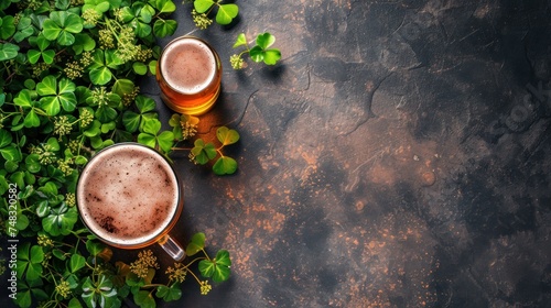 two mugs of beer sitting on top of a table next to some green leaves and a potted plant.