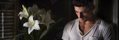 Regretful Young Man Clutching a White Lily Outside a Closed Door, Waiting to Make an Apology photo