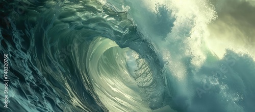 A large, powerful wave rises in the middle of the ocean, displaying its raw force and energy as it crests and breaks against the horizon. The immense size and strength of the wave are evident as it photo