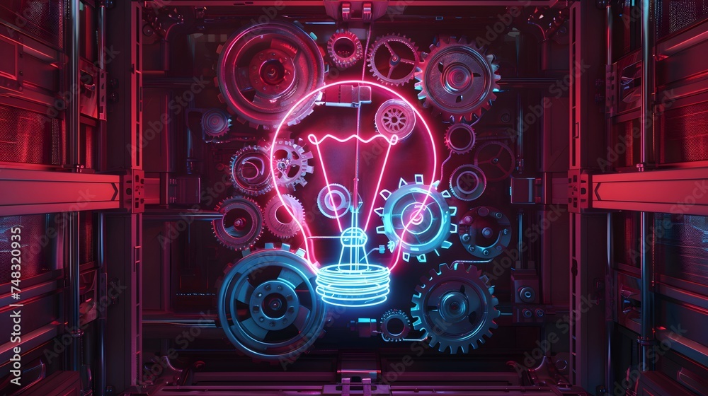 Square neon light bulb with gears and cogs working together as a background for your design