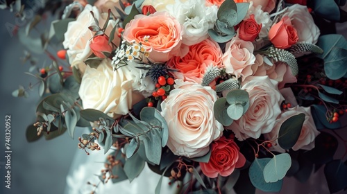 a close up of a bouquet of flowers with green leaves and red berries on the side of a white dress. © Olga