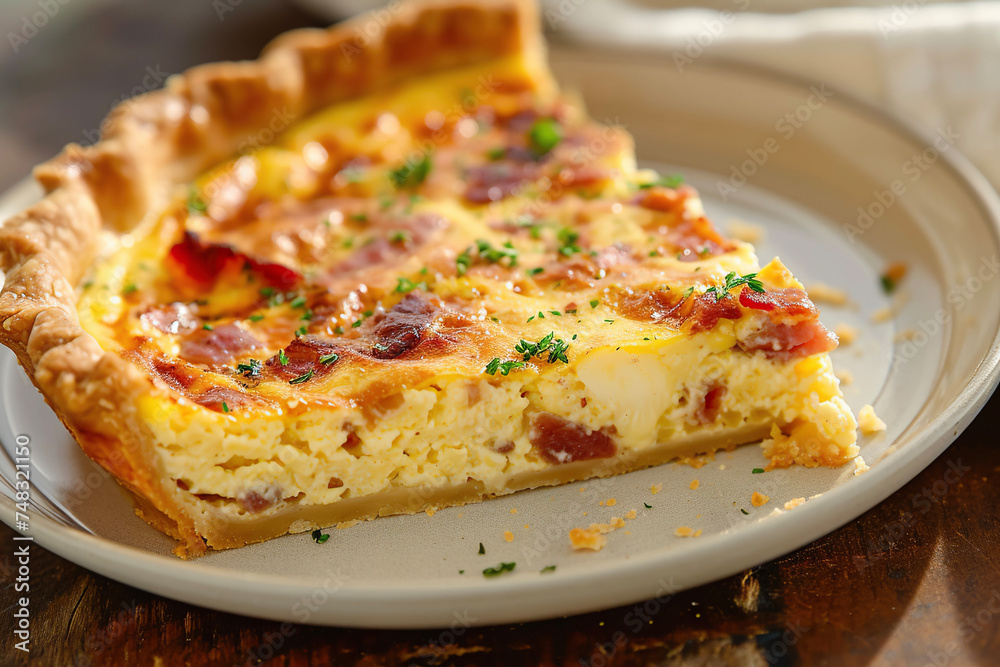 A plate of quiche Lorraine, a savory tart made with eggs, cream, bacon, and cheese