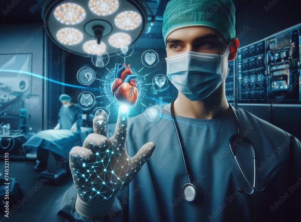 Doctor in operating room and heart system graphic hologram technology generative ai art Doctor in operating room and heart system graphic hologram technology generative ai art