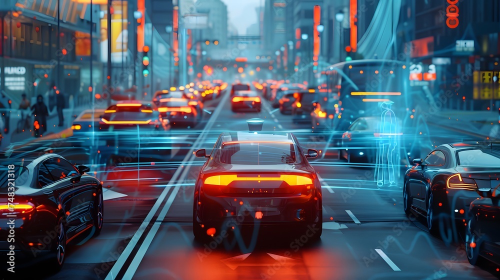 Visualization of the interaction of self-driving autonomous vehicles. Robotic cars are controlled by AI, driving along a busy city avenue, scanning the road with sensors, exchanging information. 