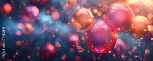 Festive Party background with pink and orange balloons, confetti and blurred lights