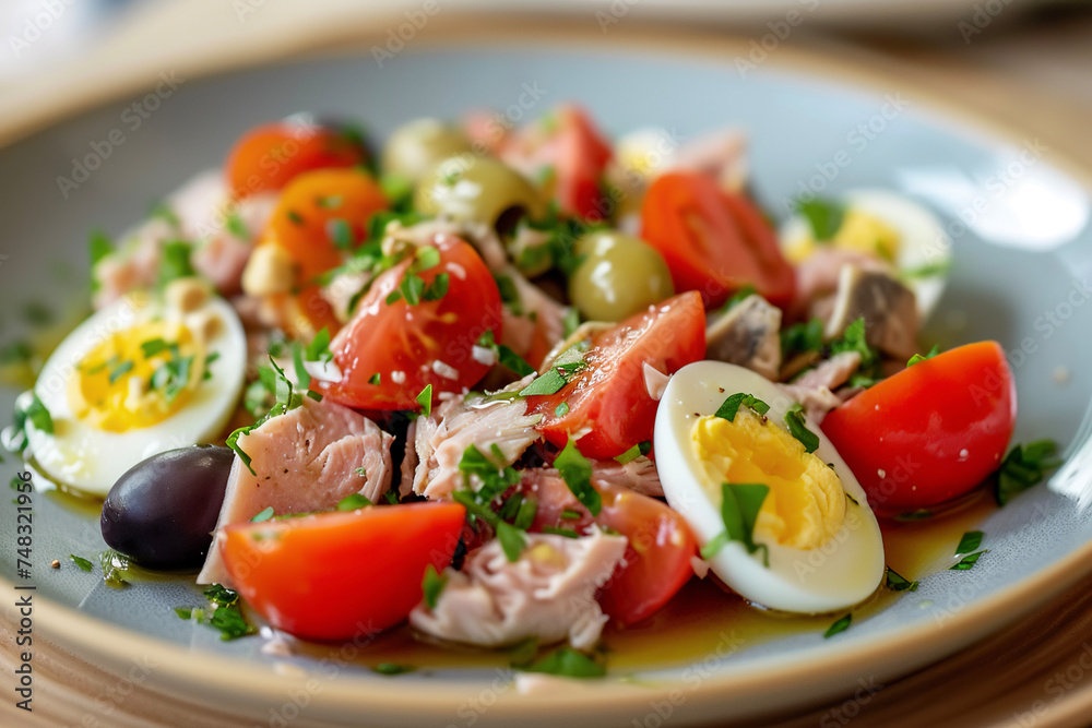 a traditional salad from Nice made with tuna, hard-boiled eggs, tomatoes, olives, and anchovies