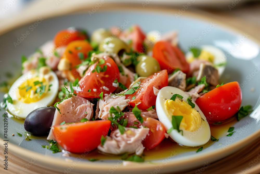 a traditional salad from Nice made with tuna, hard-boiled eggs, tomatoes, olives, and anchovies a traditional salad from Nice made with tuna, hard-boiled eggs, tomatoes, olives, and anchovies