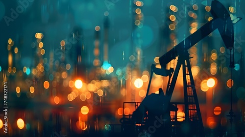 Silhouette of Oil pump rig, Oil and gas production, Oilfield site, and Pump Jack, Drilling derricks for fossil fuels output and crude oil production, War on oil prices, war crisis, blurred image photo