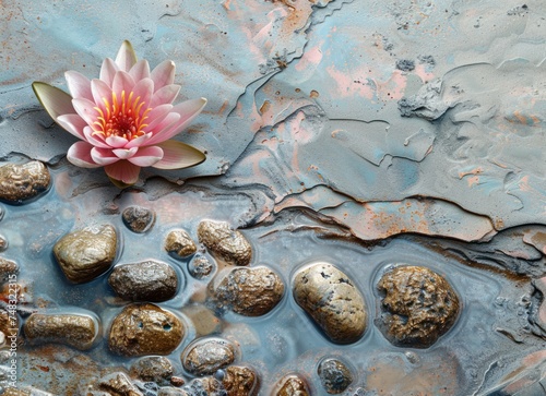 rocks and water lily on sand