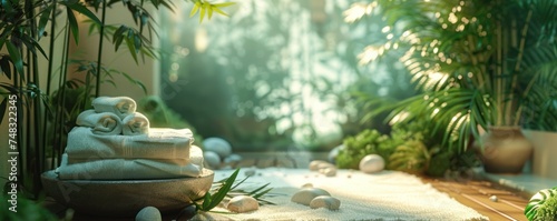 spa bathroom with towels and stones