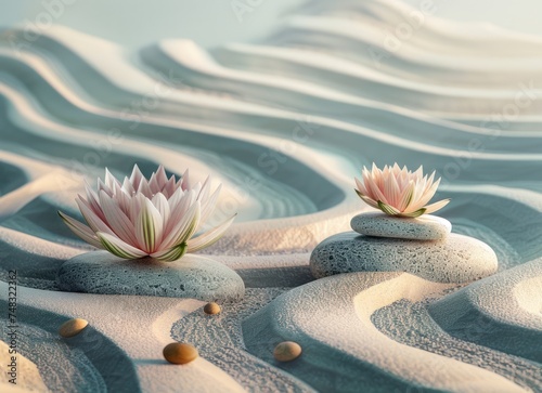 rocks and water lily on sand