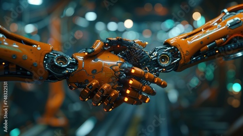 Close-up of a robotic hand shaking another hand