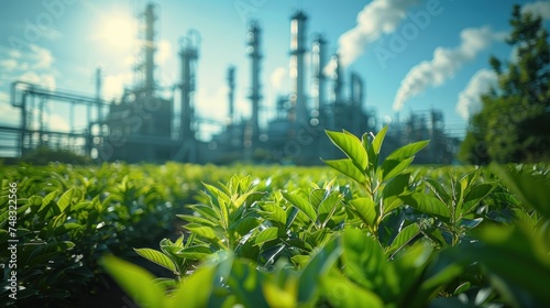 A plant in the foreground with an oil refinery in the background