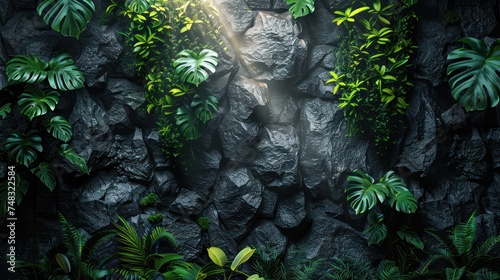 Lush jungle with rocks and various plants under a canopy of trees