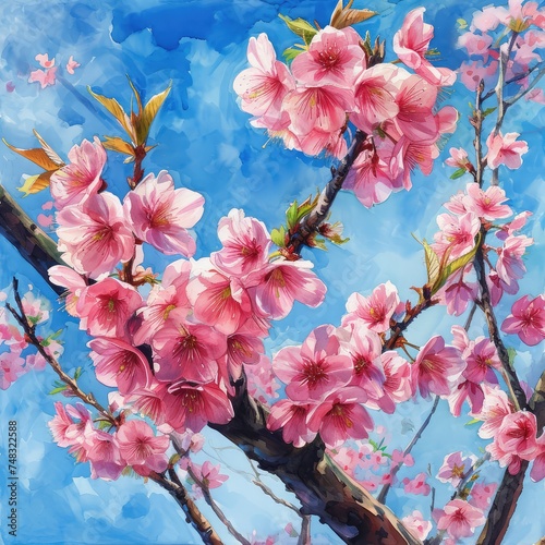 Pink Cherry Tree Blossoms, Japan Spring Garden, Blooming Sakura, Cherry Flowers on Blue Backgroundn photo