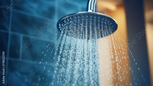 Water streaming from a functioning shower head photo