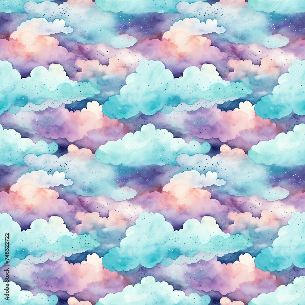 Watercolor Cloud Seamless Pattern, Aquarelle Clouds Tile, Creative Watercolor Blue Sky Background