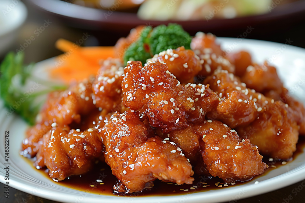 A plate of sesame chicken, a dish commonly found in Chinese restaurants throughout the United States A plate of sesame chicken, a dish commonly found in Chinese restaurants throughout the United States