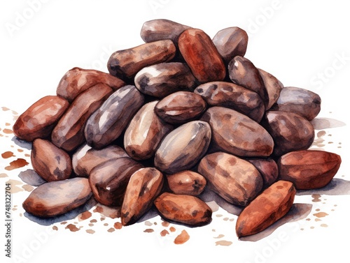 Watercolor Cocoa Beans Isolated, Aquarelle Cacao Bean, Creative Watercolor Tropical Fruit Beans