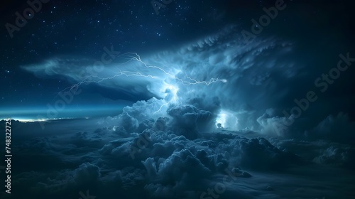 Thunderstorms dark sky seen from space High-altitude light up the night sky, Stormy cyclone swirling, Typhoon, Hurricane, catastrophe lightning, Concept on the theme of weather, natural disasters © Ziyan Yang