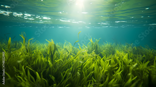 Underwater view of a set of sea bottoms with green seaweed © Derby