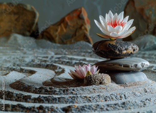 rocks and water lily on sand