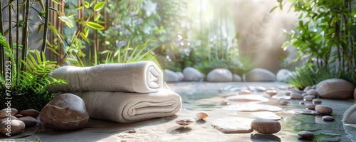 spa bathroom with towels and stones