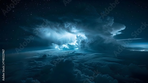 Thunderstorms dark sky seen from space High-altitude light up the night sky, Stormy cyclone swirling, Typhoon, Hurricane, catastrophe lightning, Concept on the theme of weather, natural disasters © Ziyan Yang