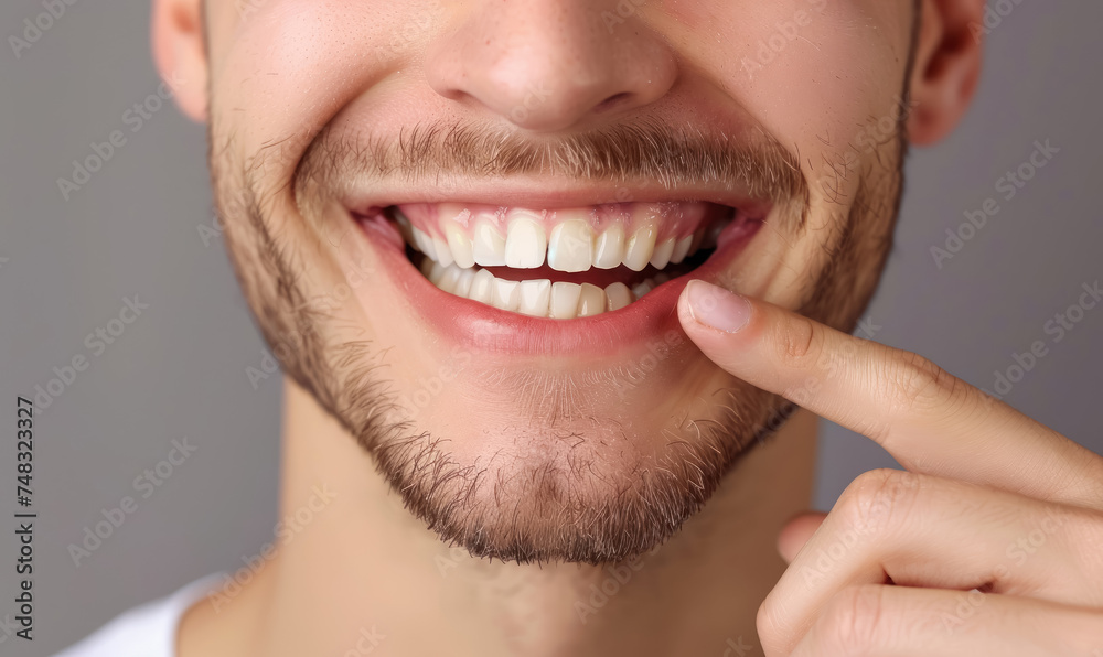 close up smile of a young man pointing to healthy white teeth close up smile of a young man pointing to healthy white teeth
