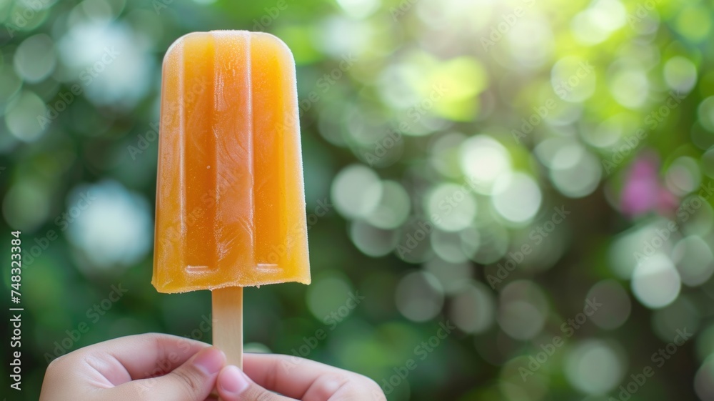Hands holding a Mangonada popsicle, capturing the joy of enjoying this Mexican delicacy on a hot day Hands holding a Mangonada popsicle, capturing the joy of enjoying this Mexican delicacy on a hot day