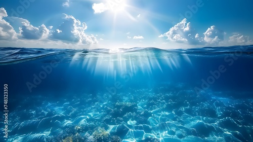 Tranquil sea water surface on a sunny day, Underwater sea in sunlight, tropical blue ocean underwater background photo