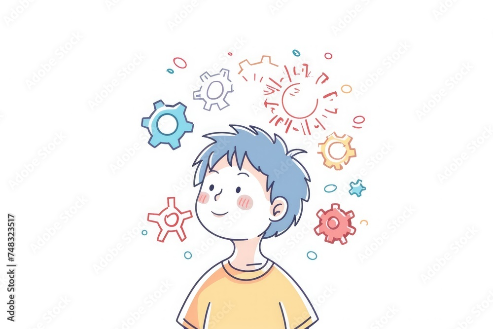 Illustration. child thinks, new thoughts. Ideas. Education. Psychological fatigue. The gears are located above the head. invent Illustration. child thinks, new thoughts. Ideas. Education. Psychological fatigue. The gears are located above the head. invent