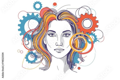 Illustration. A woman thinks, new thoughts. Ideas. Education. Psychological fatigue. The gears above the head. invent