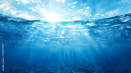 Tranquil sea water surface on a sunny day, Underwater sea in sunlight, tropical blue ocean underwater background