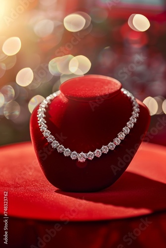 Dazzling Diamond Necklace on Red Mannequin Generative AI © Alex