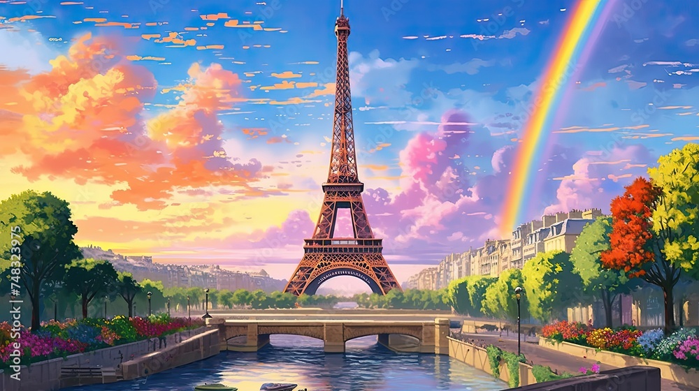 Obraz premium A vibrant illustration of Paris in cartoon style. Rainbow and pink clouds over Paris. View of Tower from the Seine River 