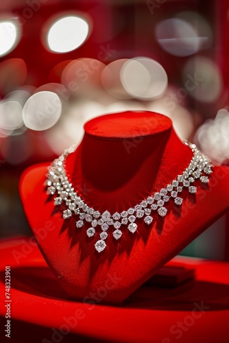 Elegant Diamond Necklace on Red Mannequin for Modern Jewelry Display Generative AI
