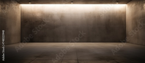 An empty, dark abstract brown concrete room is illuminated by a bright light emanating from the ceiling, casting shadows on the smooth interior. © Vusal