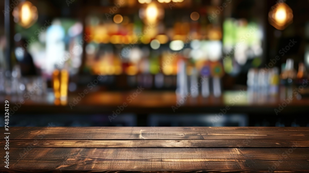 a wooden table top in front of a bar with blurry lights on the back of the bar in the background.