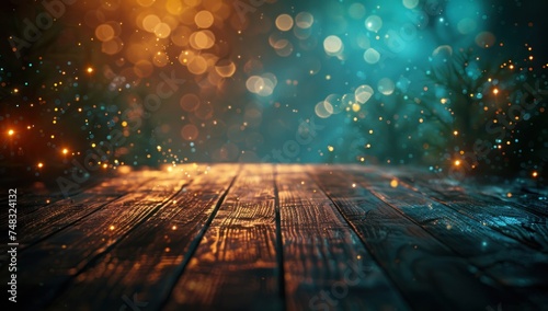 wooden table on a glittering background from green lights