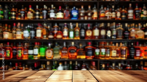 a wooden table in front of a wall full of bottles of different types of liquor in a bar or restaurant.