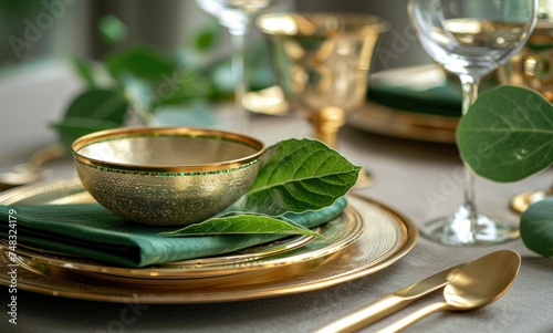 table with gold tableware and green napkin with leaf isolated on white