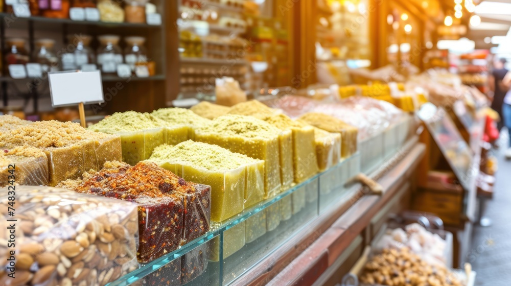 a display case in a store filled with lots of different types of bars of soaps and bars of food. a display case in a store filled with lots of different types of bars of soaps and bars of food.