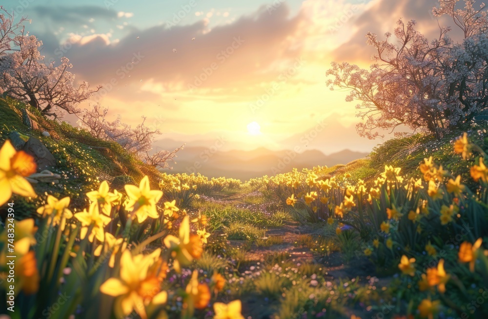 sunshine shining through in the morning daffodil flowers