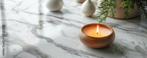 wax spa and candle on white marble background