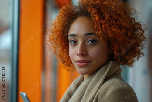 young woman businessperson with hand held tablet in office